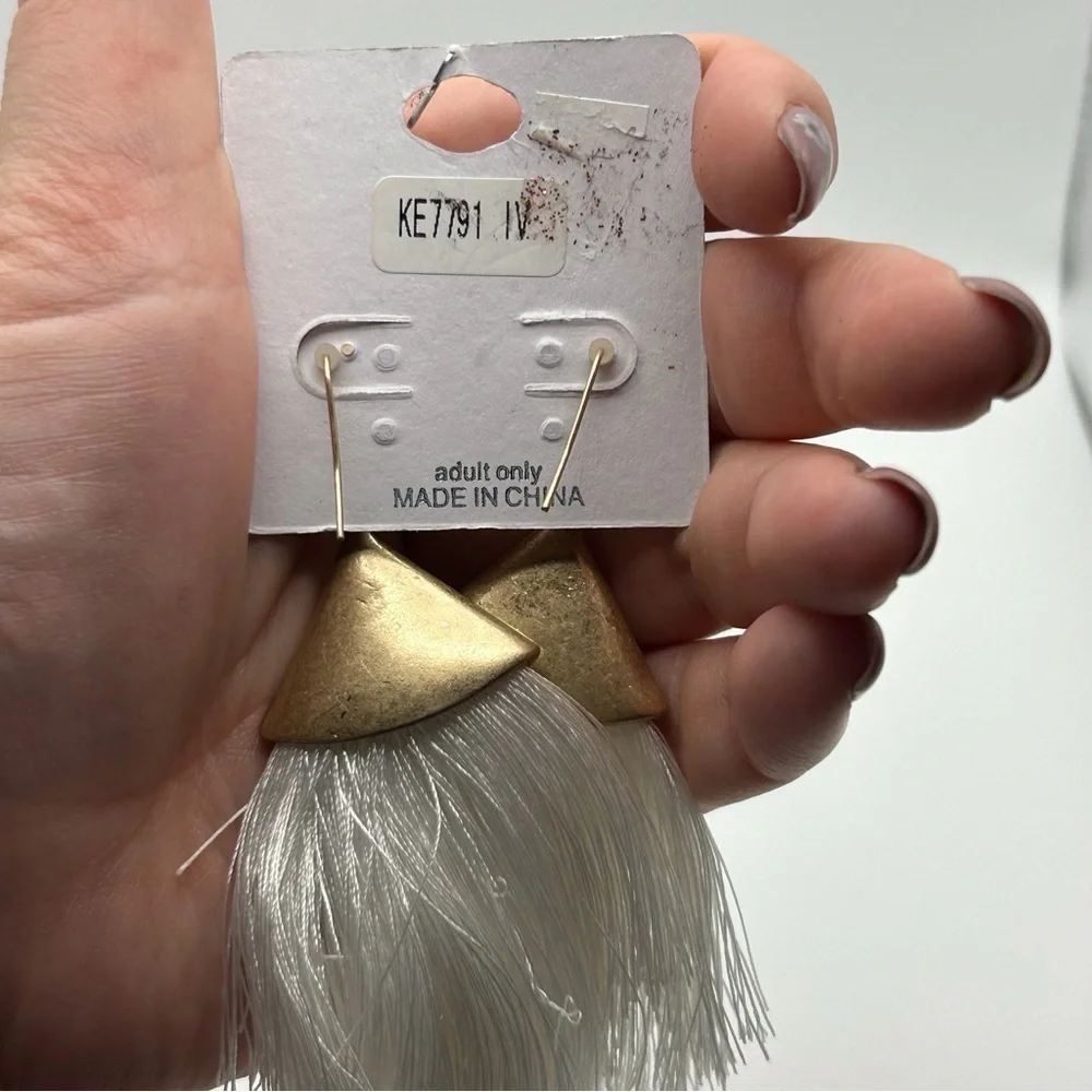 No. 3 White Genuine Leather Dangle Large Tassel Earrings Gold Tone Hook